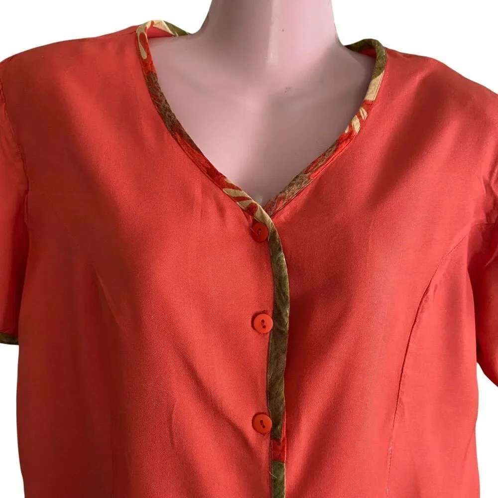 Nash Blouse Skirt Set Womens Large Coral Red Green Boho 90s Rayon Short Sleeve